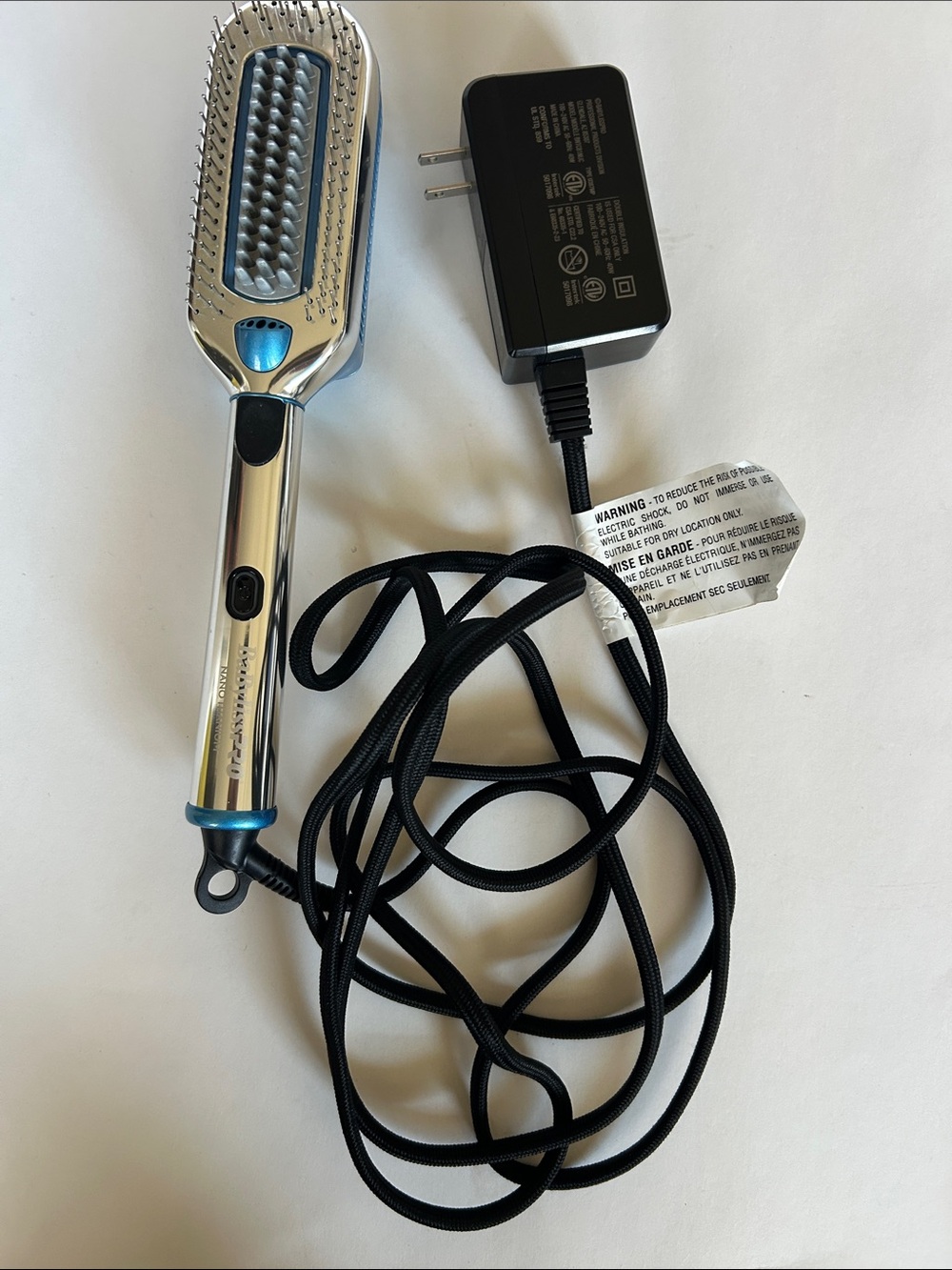 Chrome and Blue Electric Hair Straightening Brush with Power Adapter